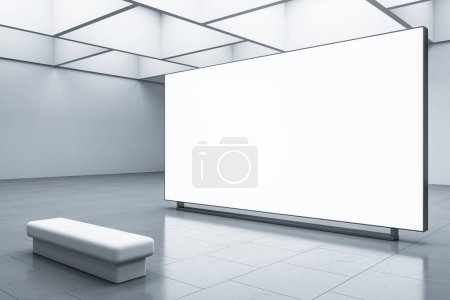 Foto de Perspectiva de la gran pantalla de televisión en blanco y blanco con espacio para cartel publicitario o marco de imagen o campaña en el interior de la sala de exposiciones abstracta y piso de hormigón en el fondo. Representación 3D, maqueta - Imagen libre de derechos
