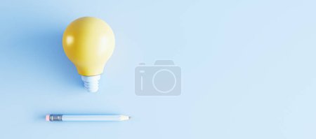 Kreative Lampe und Bleistift auf breitem blauem Hintergrund mit Attrappe. Idee und Innovationskonzept. 3D-Rendering