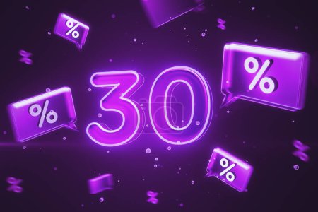 Téléchargez les photos : Achats en ligne, rabais et concept de vente avec violet numérique brillant 30 icône sur fond sombre avec bulles d'expression avec signe pour cent. rendu 3D - en image libre de droit