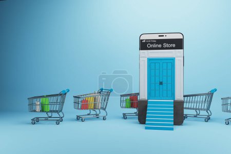 Creative online shopping concept with trolleys and mobile phone with abstract stairs on blue background. Shop online and digital media concept. 3D Rendering
