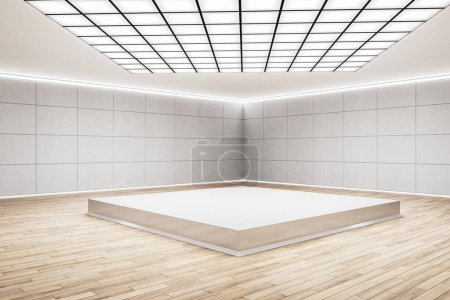 Téléchargez les photos : Vue latérale sur podium blanc vierge avec place pour votre produit ou présentation de voiture sur sol en bois clair sur fond de mur en béton gris sous plafond en treillis. rendu 3D, maquette - en image libre de droit