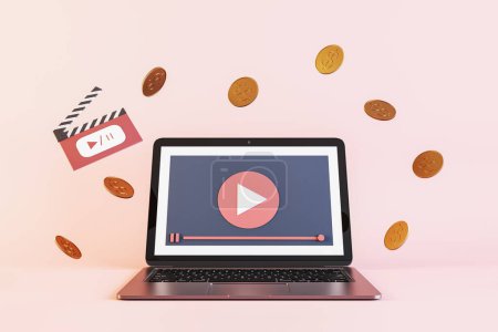 Kreatives Bild eines bezahlten Online-Kinos mit Laptop und Dollarmünzen auf rosa Hintergrund. 3D-Rendering