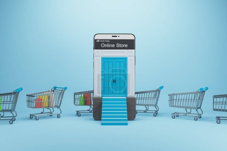 Creative online shopping concept with trolleys and smartphone with abstract stairs on blue background. Shop online and digital media concept. 3D Rendering