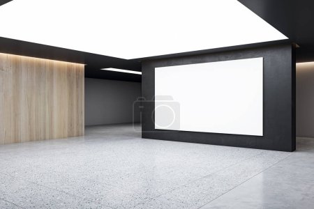 Téléchargez les photos : Une affiche vide sur un mur dans un espace de galerie moderne avec des textures en bois et en béton, conçu pour la présentation d'art. Rendu 3D - en image libre de droit
