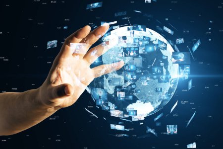 Close up of man hand holding creative globe with telecommunication picture icons. Business, video conference, remote group work