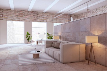 Moderne luxuriöse Wohnzimmereinrichtung mit Möbeln und Dekorationsartikeln. Innenarchitektur, Hotel und teures Lifestylekonzept. 3D-Rendering