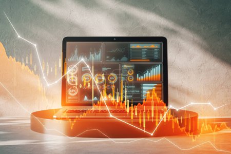 Close up of laptop on podium with downward candlestick forex chart on blurry backdrop. Trade, finance and technology concept. Double exposure