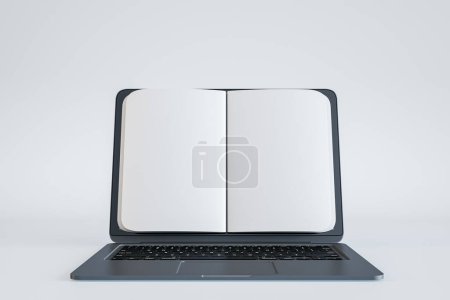 E-Book-Bibliothek und Digitalisierungskonzept mit Frontansicht auf weißen Notizbuchseiten für Werbe- und Marketingtext, Logo auf modernem dunklen Laptop-Bildschirm auf hellem Hintergrund. 3D-Rendering, Mockup
