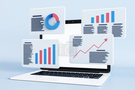 Stats data and digital marketing concept with perspective view on light cards with project statistics, sales charts and finance reports on modern light laptop background. 3D rendering
