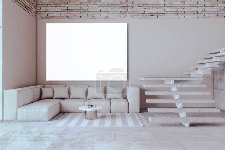 Modernes Luxuswohnzimmerinterieur mit leeren weißen Attrappen an Wänden, Möbeln und Dekorationsartikeln. Innenarchitektur, Hotel und teures Lifestylekonzept. 3D-Rendering