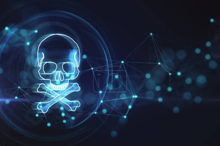 Téléchargez les photos : Crâne et os bleu vif illustration numérique, fond de texture d'écran sombre, attaque de piratage et concept de piratage. Rendu 3D - en image libre de droit