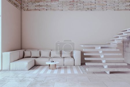 Moderne luxuriöse Wohnzimmereinrichtung mit leeren Attrappen an der Wand, Möbeln und Dekorationsartikeln. Innenarchitektur, Hotel und teures Lifestylekonzept. 3D-Rendering