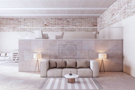 Moderne luxuriöse Wohnzimmereinrichtung mit Möbeln und Dekorationsartikeln. Innenarchitektur, Hotel und teures Lifestylekonzept. 3D-Rendering