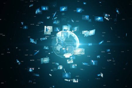 Globe créatif avec des icônes d'image de télécommunication sur fond d'écran bleu. Affaires, vidéoconférence, travail en groupe à distance