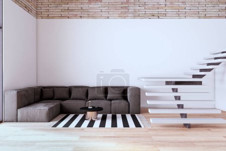 Moderne luxuriöse Wohnzimmereinrichtung mit leeren Attrappen an der Wand, Möbeln und Dekorationsartikeln. Innenarchitektur, Hotel und teures Lifestylekonzept. 3D-Rendering