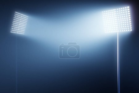 Leuchtende Stadionlichter auf blauem Nebelhintergrund, Attrappe. 3D-Rendering