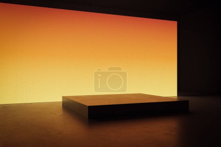 Foto de Perspectiva de la pared de la pantalla digital naranja en blanco y el suelo de hormigón con el fondo del soporte cuadrado. Renderizado 3D - Imagen libre de derechos