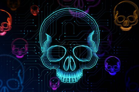 Téléchargez les photos : Illustration numérique éclatante du crâne, fond de texture d'écran sombre avec circuit, attaque de piratage et concept de piratage. Rendu 3D - en image libre de droit