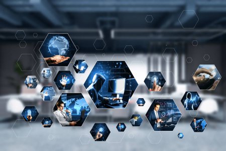 Connecting businesspeople, technology, metaverse and video conference concept. Creative hexagonal images on blurry office interior background