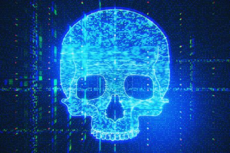 Abstract glowing digital blue glitch skull hologram on dark background. Virus, crime and hacking concept. 3D Rendering