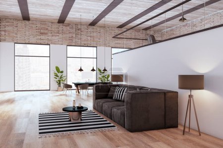 Helle, luxuriöse Wohnzimmereinrichtung mit Möbeln und Dekorationsartikeln. Innenarchitektur, Hotel und teures Lifestylekonzept. 3D-Rendering