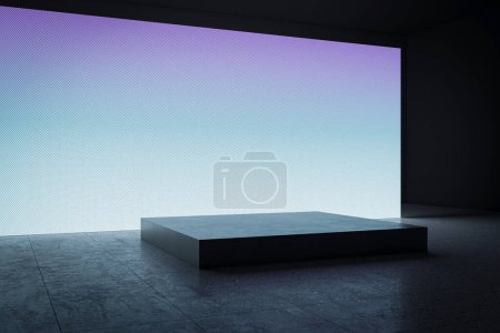 Foto de Perspectiva de la pared de la pantalla digital azul en blanco y el suelo de hormigón con el fondo del soporte cuadrado. Renderizado 3D - Imagen libre de derechos