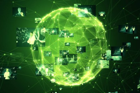 Geschäftsleute vernetzen, Videokonferenzkonzept. Abstrakter grüner Globus mit polygonalem Netz und Bildern auf verschwommenem Hintergrund. 3D-Rendering