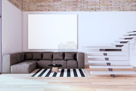 Téléchargez les photos : Salon de luxe contemporain intérieur avec bannière blanche vide sur mur, meubles et objets décoratifs. Design d'intérieur, hôtel et concept de style de vie cher. Rendu 3D - en image libre de droit