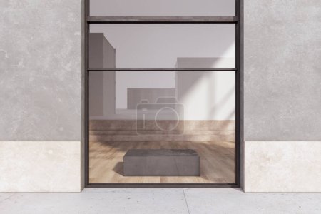 Clean glass showcase with reflections in concrete building exterior. Shop and retail concept. 3D Rendering