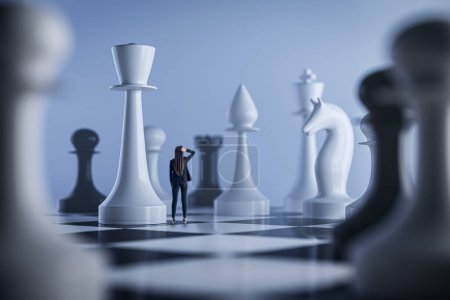 Blurry white chessboard background. Success, teamwork and leadership concept. 3D Rendering
