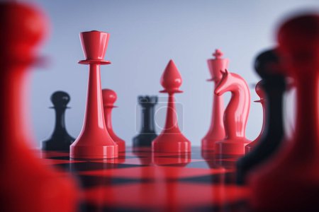 Blurry red chessboard background. Success, teamwork and leadership concept. 3D Rendering