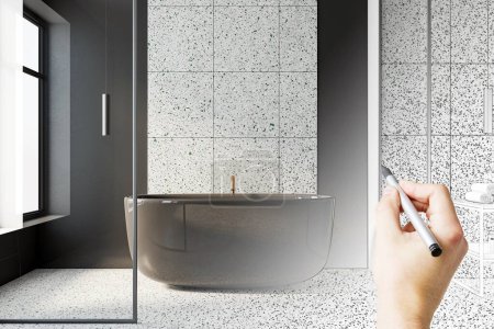Concepto de diseño de interiores con boceto de dibujo a mano de un moderno proyecto de baño