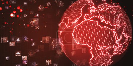 Geschäftsleute vernetzen, Videokonferenzkonzept. Abstrakter roter Globus mit Raster und Bildern auf verschwommenem Hintergrund