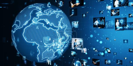 Geschäftsleute vernetzen, Videokonferenzkonzept. Abstrakter blauer Globus mit Raster und Bildern auf verschwommenem Hintergrund