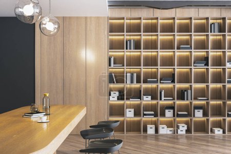 Téléchargez les photos : Intérieur de bureau contemporain en bois et béton avec bibliothèque et cuisine. Rendu 3D - en image libre de droit