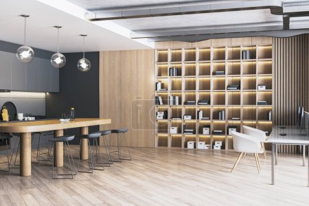 Téléchargez les photos : Intérieur de bureau lumineux en bois et béton avec bibliothèque et cuisine. Rendu 3D - en image libre de droit