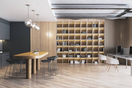 Téléchargez les photos : Intérieur moderne en bois et béton avec bibliothèque et cuisine. Rendu 3D - en image libre de droit