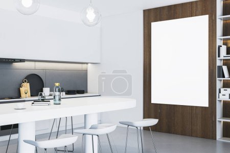 Téléchargez les photos : Intérieur moderne en bois et blanc avec bannière maquette vide sur le mur, la bibliothèque et la cuisine. Rendu 3D - en image libre de droit