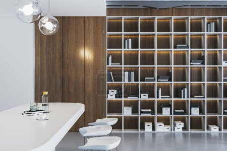 Téléchargez les photos : Intérieur de bureau contemporain en bois et blanc avec bibliothèque et cuisine. Rendu 3D - en image libre de droit
