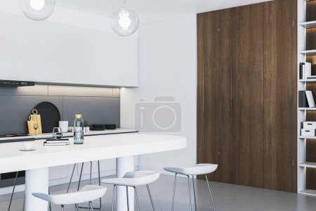Téléchargez les photos : Intérieur de bureau moderne en bois et blanc avec une place vide sur le mur, la bibliothèque et la cuisine. Rendu 3D - en image libre de droit