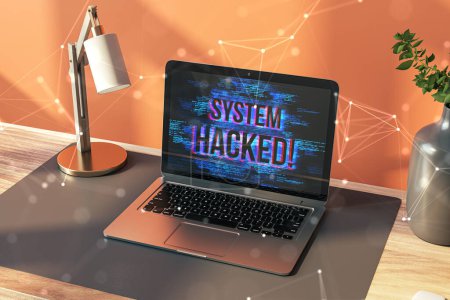 Close up of laptop at desktop with polygonal system hacked hologram on bright wall background. Hacking, malware and technology concept. 3D Rendering