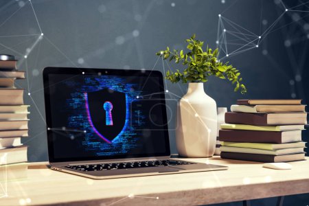 Close up of modern designer workplace with books, laptop and creative polygonal digital safety hologram on blurry background. Secure, protection and hacking concept. 3D Rendering