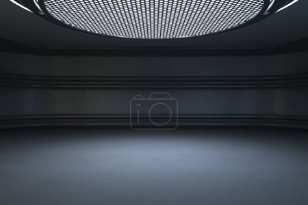 Photo for Clean dark futuristic interior with round ceiling and mock up place. Grunge garage concept. 3D Rendering - Royalty Free Image