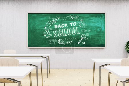 Photo for Modern classroom interior wuth creative back to school sketch on chalkboard. Education, knowledge, and wisdom concept. 3D Rendering - Royalty Free Image