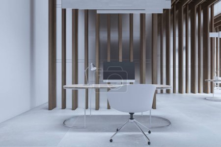 Clean concrete and wooden office interior with equipment, daylight and partitions. 3D Rendering