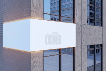 Ein beleuchtetes weißes Banner mit aufgesetztem Werbeplatz an der Fassade moderner Gebäude. 3D-Rendering