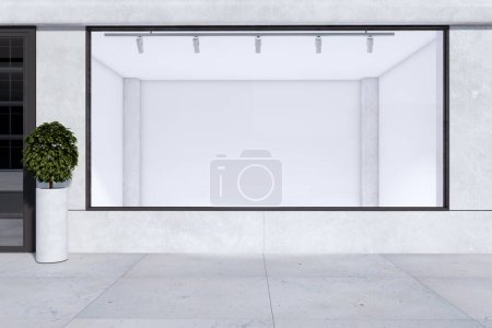 Empty contemporary storefront window with white mock up place for your advertisement and decorative plant. Display, boutique and retail concept. 3D Rendering