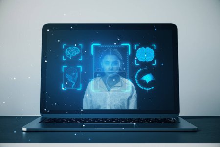 Photo for Laptop on desk with face recognition hologram on light background. Face ID and password concept. 3D Rendering - Royalty Free Image