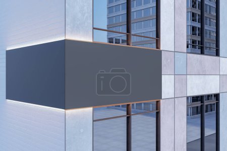 Beleuchtetes dunkles Banner mit Mock-up-Platz für Werbung an modernen Gebäudefassaden. 3D-Rendering