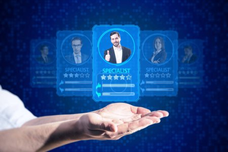 Online recruitment application and one day specialist online search service concept with male hands holding virtual profile cards, containing ratings and candidate photos on blurry blue background